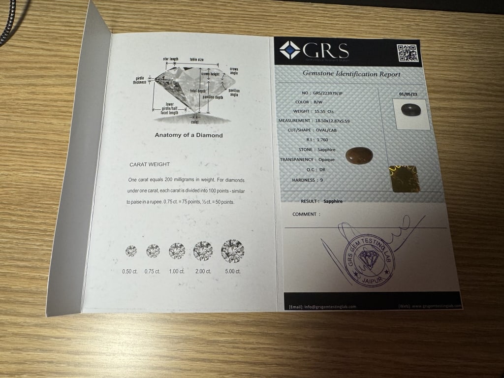 CERTIFIED15.55 CARAT OVAL CABOCHON SAPPHIRE: This certified natural sapphire is authenticated by GRS Gem Testing Lab, Jaipur, and presented in an oval cabochon cut. The gemstone weighs 15–55 carats (as stated on the certificate) and measures 1