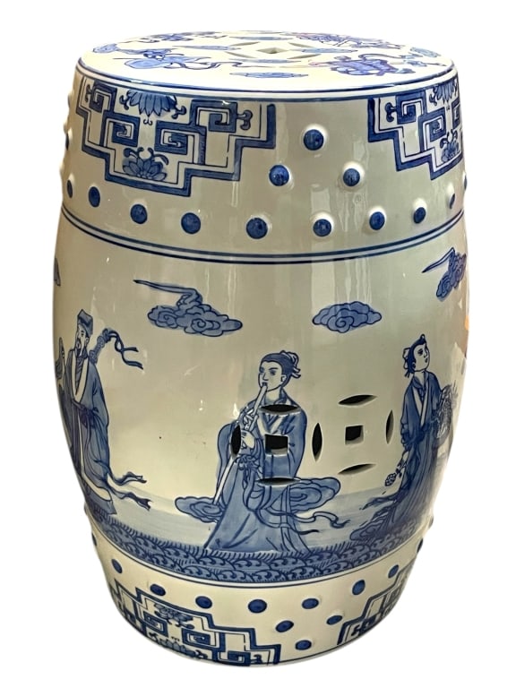 BLUE & WHITE CERAMIC GARDEN STOOL 18" (1 of 3)