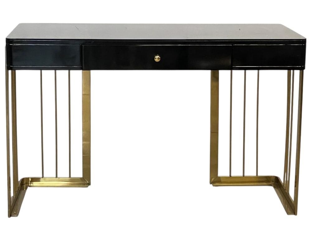 BLACK LACQUER AND BRASS MODERNIST CONSOLE / DESK (1 of 7)