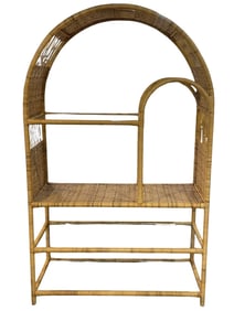 VINTAGE ARCH-TOP BAMBOO & WICKER ETAGERE W GLASS