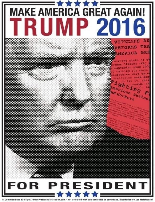 DONALD TRUMP 2016 CAMPAIGN POSTER 24": ChatGPT said:DONALD TRUMP 2016 CAMPAIGN POSTER, 24" X 18" APPROXThis original Donald Trump 2016 “Make America Great Again” campaign poster features bold graphic artwork with a halftone portrai
