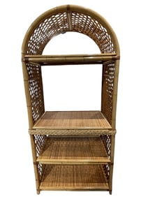 VINTAGE BAMBOO & WICKER ETAGERE WITH ARCH TOP 73"