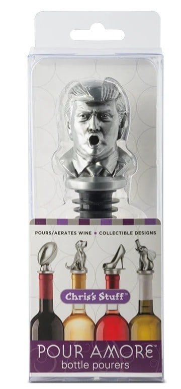 NEW! TRUMP BOTTLE POURER / AERATOR: NEW! TRUMP BOTTLE POURER / AERATOR -Trump Bottle Pourer makes a great conversation starter. Liquid flows freely through Trump's mouth in this unique pourer. Wines benefit from the natural aeration pro