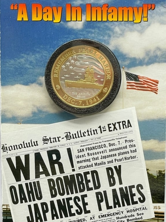PEARL HARBOR .999 SILVER COIN 1 TROY OZ.: PEARL HARBOR “A DAY IN INFAMY” .999 SILVER COMMEMORATIVE COIN – 1 TROY OZ, HONOLULU MINTA powerful and historically significant .999 fine silver commemorative coin issued by The Honolulu Min