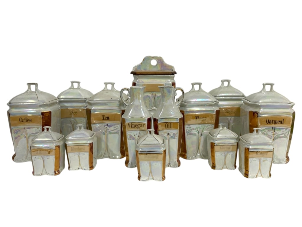 GERMAN LUSTERWARE 14-PIECE KITCHEN CANISTER SET: GERMAN LUSTERWARE 14-PIECE KITCHEN CANISTER SET -Vintage condition, some cracks and repairs (see photos) -14 pieces -This exceptional early 20th-century iridescent lusterware canister collection, made