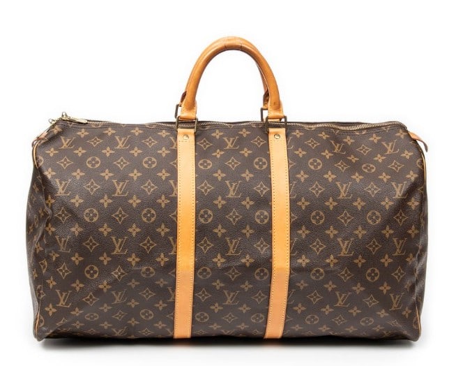 LOUIS VUITTON KEEPALL 55 BROWN MONOGRAM CANVAS BAG: LOUIS VUITTON KEEPALL 55, BROWN MONOGRAM CANVAS -ABC0790 -The iconic Keepall 55 in monogram coated canvas with natural vachetta leather trim and golden brass hardware. Includes cadenas, key(s), and lu