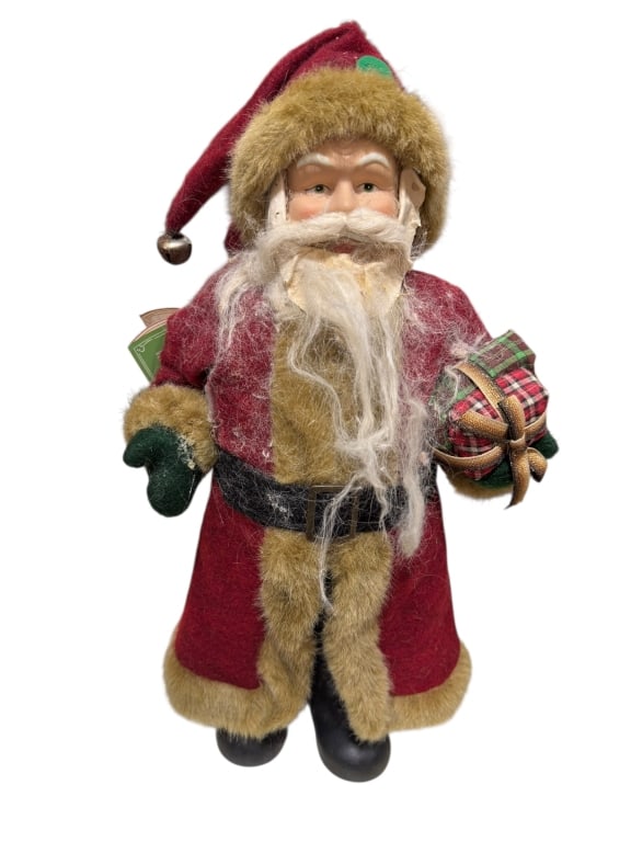 VINTAGE SANTA FIGURE WITH FUR TRIM AND PLAID GIFT (1 of 2)
