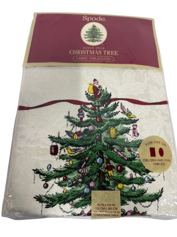 SPODE “CHRISTMAS TREE?? FABRIC TABLECLOTH -New!: SPODE “CHRISTMAS TREE” FABRIC TABLECLOTH – 60" X 144" – NEW Spode “Christmas Tree” fabric tablecloth, featuring the iconic decorated tree design. Measures approximately 60" x 144"
