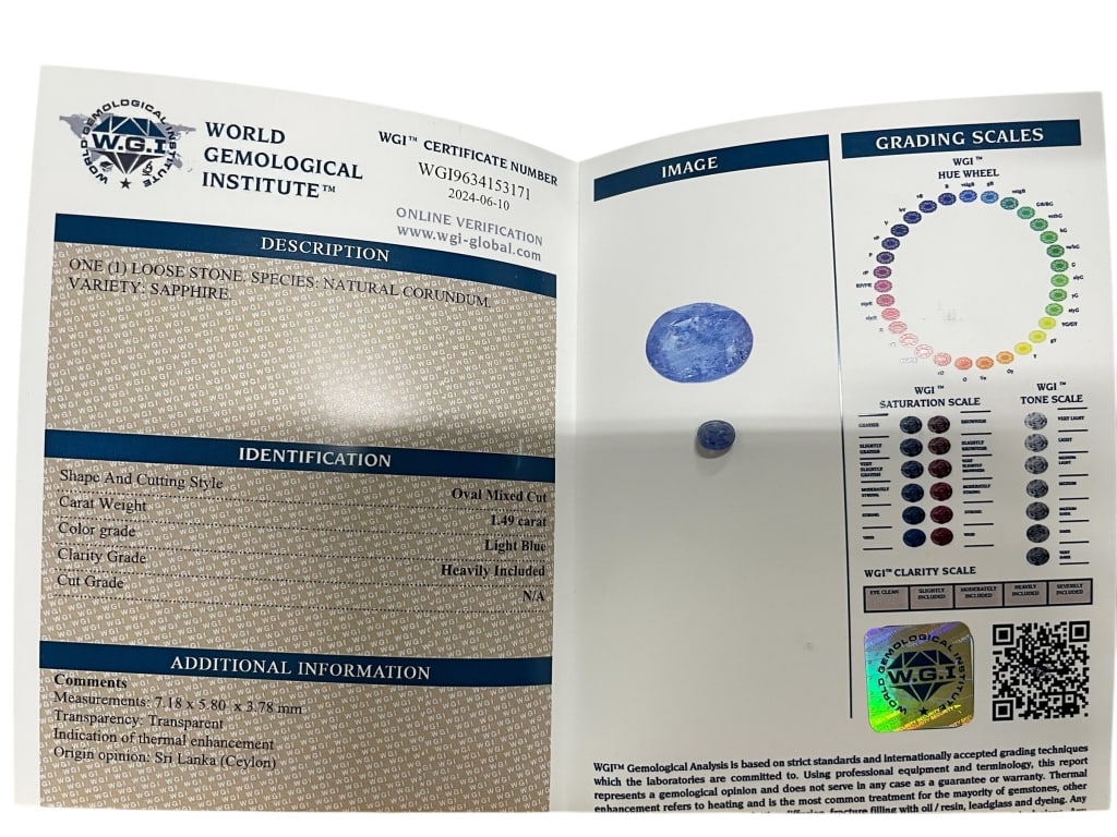 CERTIFIED NATURAL SAPPHIRE WITH WGI REPORT: CERTIFIED NATURAL SAPPHIRE LOOSE GEMSTONE WITH WORLD GEMOLOGICAL INSTITUTE (WGI) REPORT -Fine loose sapphire gemstone accompanied by an official World Gemological Institute (WGI) certificate, identifi