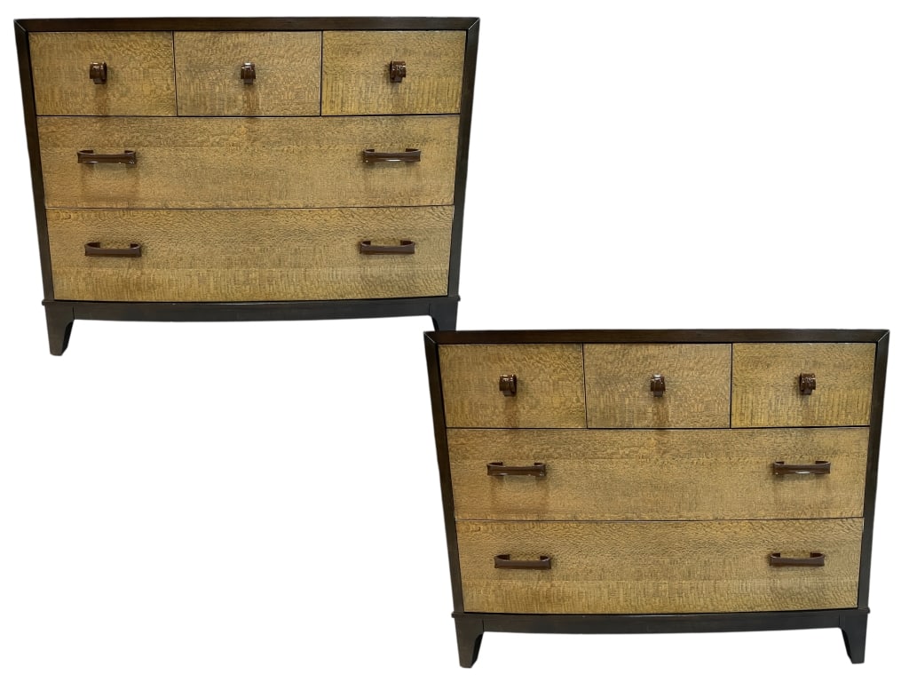 PAIR OF ART NIGHTSTANDS 38": PAIR OF ART NIGHTSTANDS 38" -VERY GOOD PRE OWNED CONDITION -APPROX 38”W X 19 ½ “D X 29 ½”H -ONE 5 DRAWER WITH ONE CEDAR LINED BOTTOM DRAWER. ONE 4 DRAWER -MID-CENTURY MODER