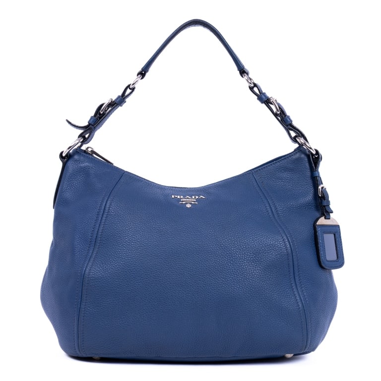 PRADA BUCKLE ZIP HOBO BLUE VITELLO DAINO LEATHER S: Prada Buckle Zip Hobo Blue Vitello Daino Leather Silver * COLOR: Blue * PRODUCTION CODE: 158 * INCLUDED: Luggage Tag 36*24*16cm * CONDITION: A * (3cm = 1inch approximately) * Luxury bags are kept offs
