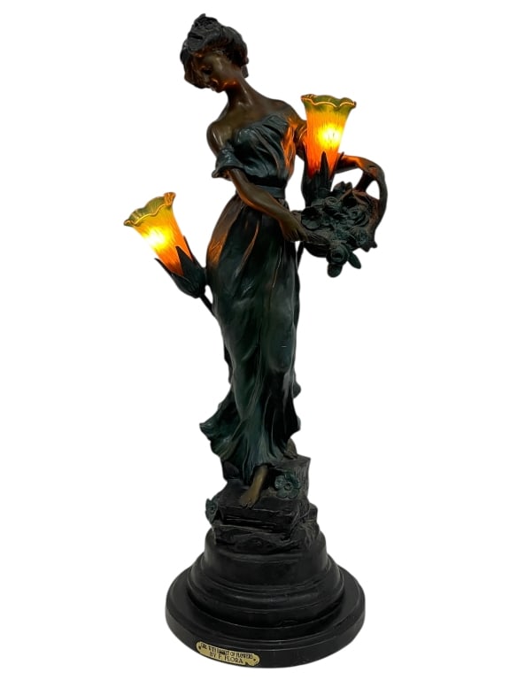 F. FLORA GIRL W BASKET OF FLOWERS BRONZE LAMP 32" (1 of 10)