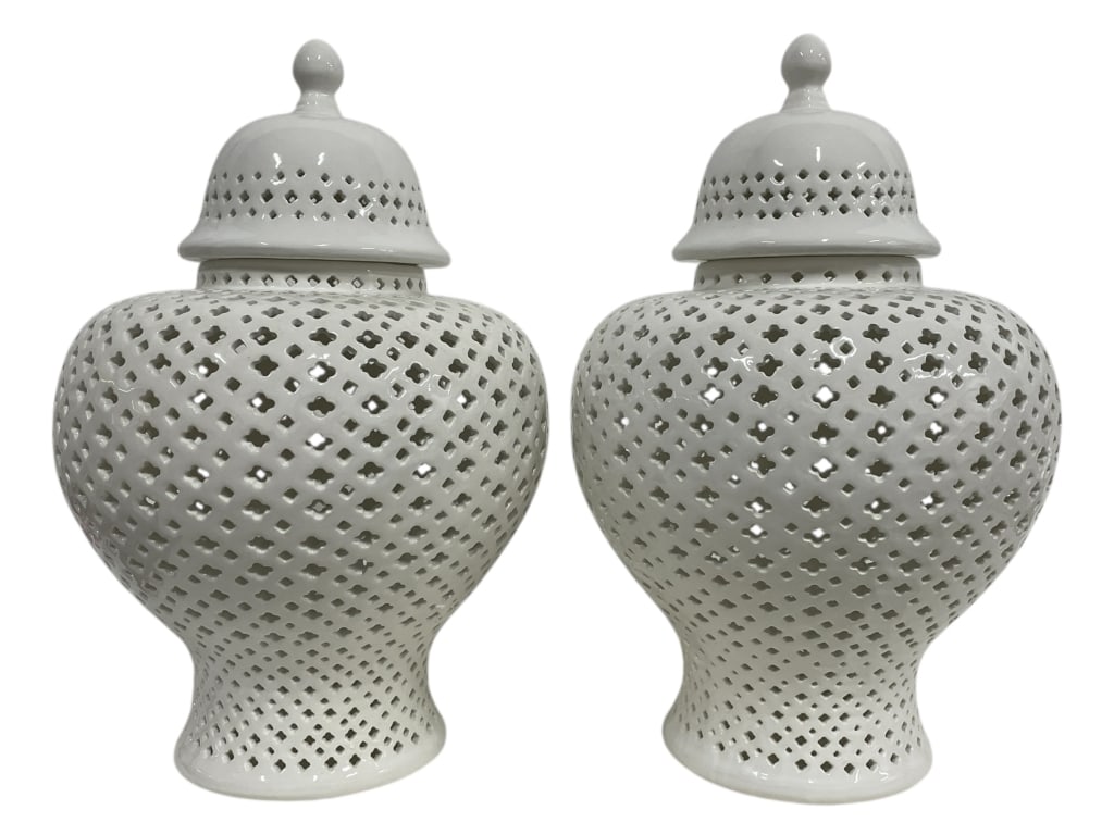 PAIR OF PIERCED GLAZED CERAMIC GINGER JARS 19" (1 of 3)