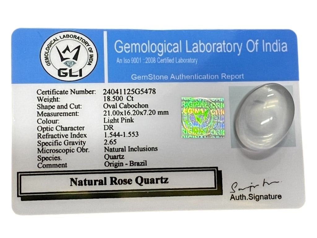 CERTIFIED NATURAL ROSE QUARTZ CABOCHON 18.50 CT: CERTIFIED NATURAL ROSE QUARTZ CABOCHON – 18.50 CT, BRAZIL -Presented is a certified natural rose quartz cabochon accompanied by a Gemological Laboratory of India (GLI) Gemstone Authentication Report