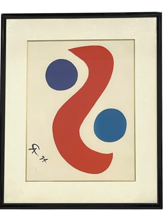 ALEXANDER CALDER, “SKY BIRD,?? COLOR LITHO 1975 30": ALEXANDER CALDER, “SKY BIRD,” COLOR LITHOGRAPH, 1975 -Color lithograph titled Sky Bird by Alexander Calder, created for Braniff International Airways’ iconic Flying Colors Collection. This b