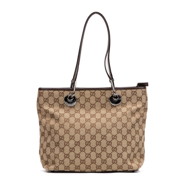 GUCCI ECLIPSE MEDIUM TOTE MONOGRAMMED CANVAS: Gucci Eclipse Medium Tote Monogrammed Canvas * COLOR: Beige/Dark Brown * PRODUCTION CODE: 139552-001013 * INCLUDED: None 26*24*11cm * CONDITION: A * (3cm = 1inch approximately) * Luxury bags are kept