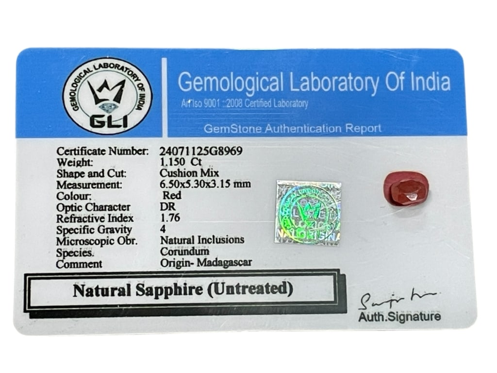 NATURAL UNTREATED RED SAPPHIRE GLI CERTIFIED: NATURAL UNTREATED RED SAPPHIRE (CORUNDUM) – GLI CERTIFIED -Offered here is a natural untreated sapphire (corundum), certified by the Gemological Laboratory of India (GLI), featuring a rich red hue a
