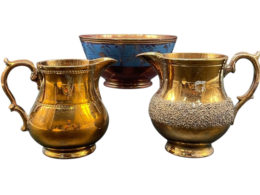 3 ENGLISH COPPER LUSTREWARE CREAMERS & BOWL (1 of 9)