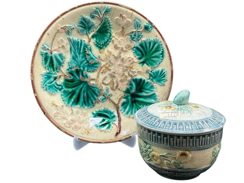 ANTIQUE MAJOLICA FLORAL PLATE AND COVERED BOWL (1 of 10)