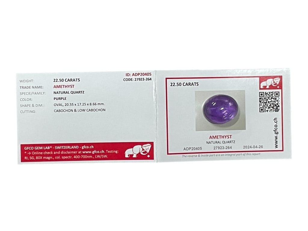 22.50 CARAT NATURAL AMETHYST CABOCHON W CERT: 22.50 CARAT NATURAL AMETHYST CABOCHON WITH GFCO CERTIFICATE -This striking natural amethyst gemstone features a rich purple hue and a smooth oval cabochon cut, weighing an impressive 22.50 carats. Ide