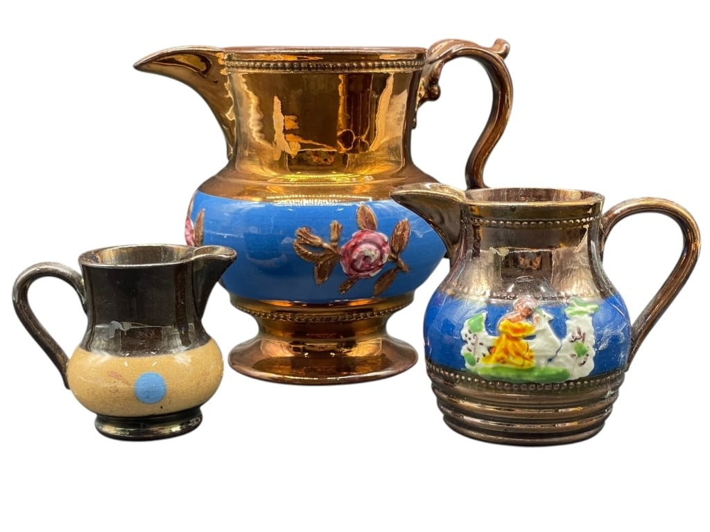 3 ANTIQUE COPPER LUSTERWARE JUGS AND CREAMER (1 of 8)
