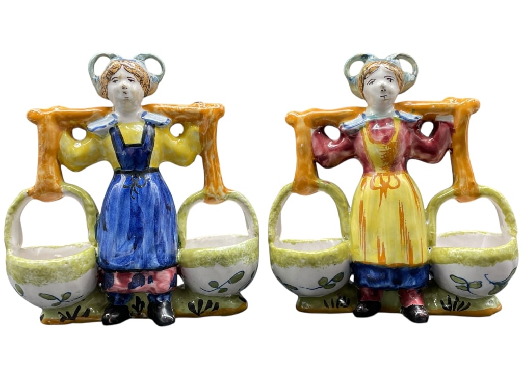 PAIR OF DESVRES GEO MARTEL DOUBLE SALT FIGURES: PAIR OF DESVRES GEO MARTEL DOUBLE SALT FIGURES, CIRCA 1930 -Charming pair of French faience double salt cellars by Geo Martel of Desvres, dating to the early 20th century, each modeled as a traditiona