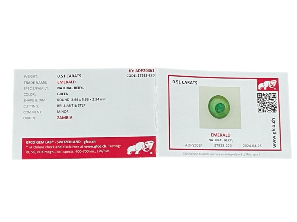 CERTIFIED NATURAL EMERALD – 0.51 CARAT ROUND CUT: CERTIFIED NATURAL EMERALD – 0.51 CARAT ROUND CUT, ZAMBIA ORIGIN (GFCO REPORT) -This lot features a certified natural emerald weighing approximately 0.51 carats, accompanied by an official GFCO Gem L