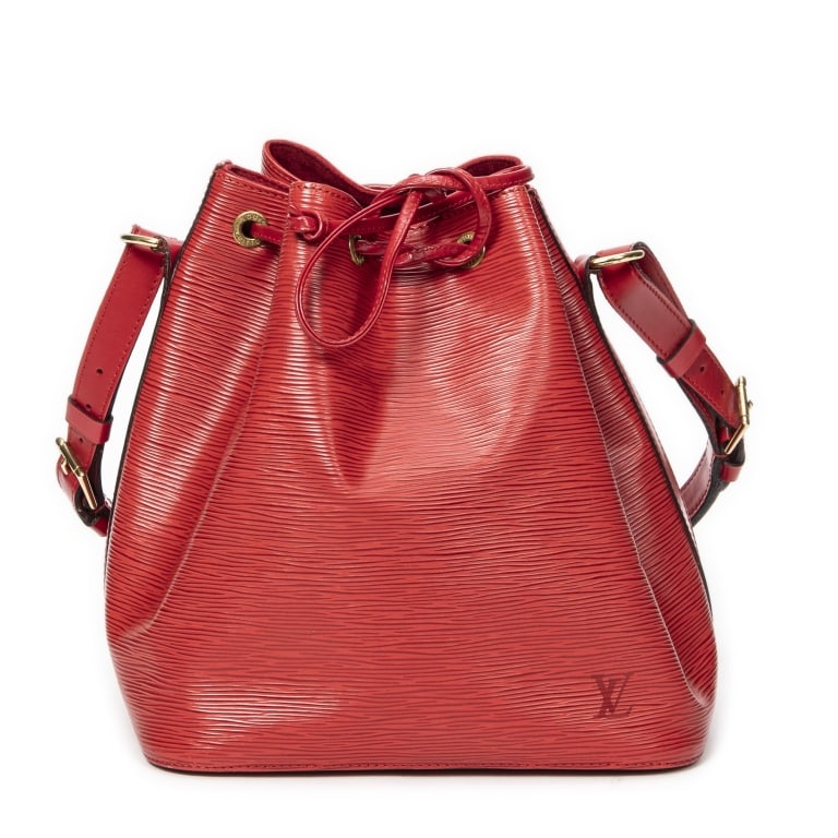 LOUIS VUITTON NOE PM RED EPI GOLDEN BRASS: Louis Vuitton Noe PM Red Epi Golden Brass * COLOR: Red * PRODUCTION CODE: AR0956 (May 1996) * INCLUDED: None 24*26*18cm * CONDITION: A * (3cm = 1inch approximately) * Luxury bags are kept offsite for