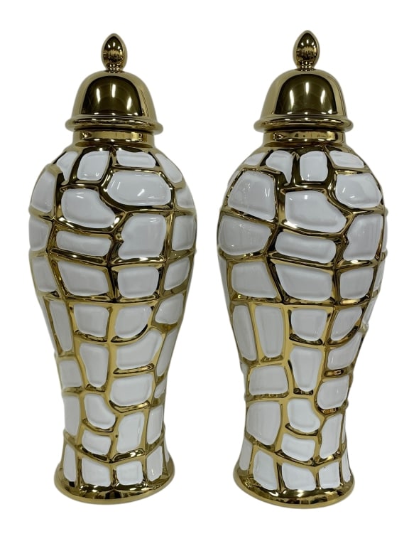 PAIR OF TALL WHITE & GOLD CERAMIC GINGER JARS 19" (1 of 3)