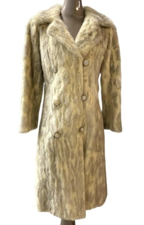 VINTAGE LERNER'S FURS PALE MINK COAT: VINTAGE LERNER'S FURS PALE MINK COAT WITH MODERNIST LINING -VERY GOOD PRE OWNED CONDITION -NO SIZE INDICTATED ON TAG -SHOULDER TO SHOULDER: 18", SHOULDER TO HEM: 41" -ELEGANT FULL-LENGTH VINTAGE MINK
