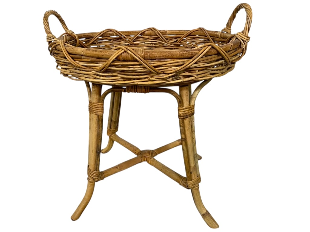 WICKER PEDESTAL BASKET SIDE TABLE W HANDLES 22" (1 of 6)