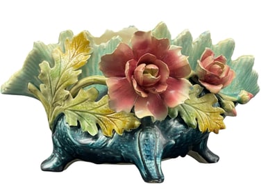 19C. BARBOTINE FLORAL MAJOLICA JARDINIERE 11 "