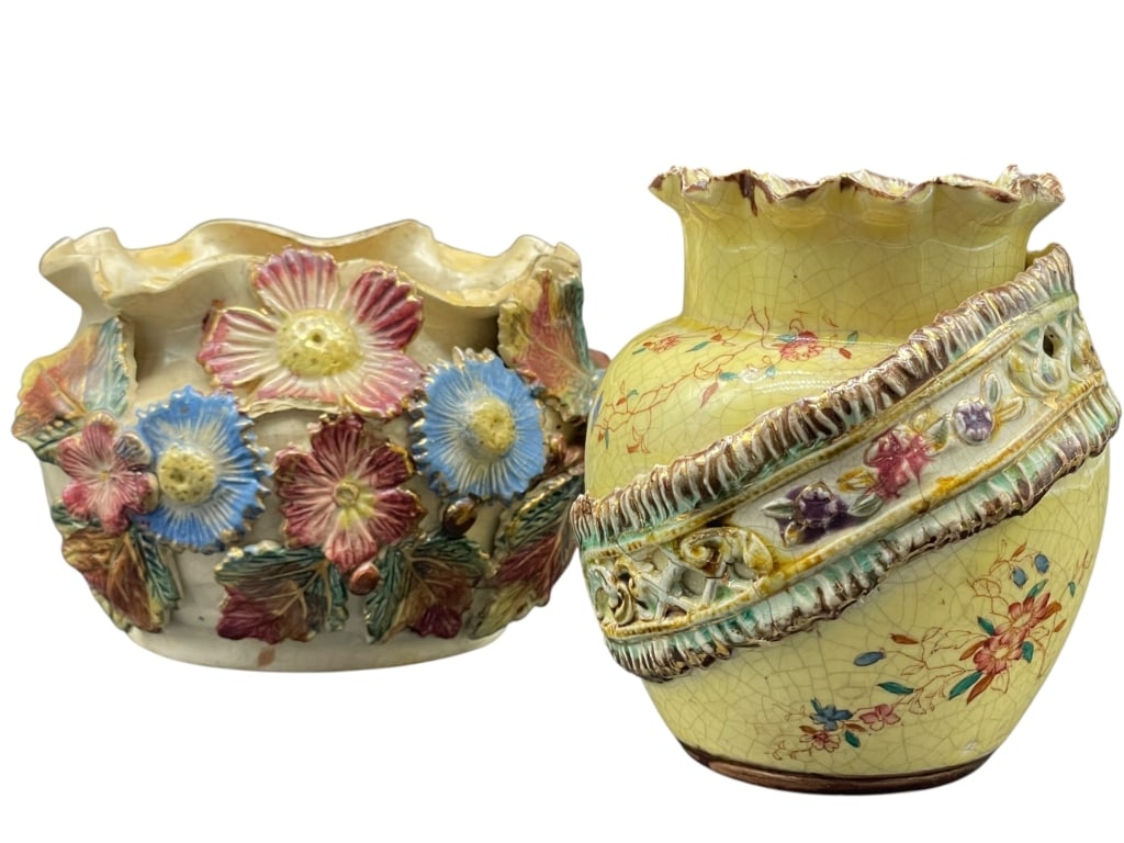 19C. FRENCH BARBOTINE FLORAL MAJOLICA VESSELS 5": PAIR OF 19TH C. FRENCH BARBOTINE FLORAL MAJOLICA VESSELS -Decorative pair of late 19th century French barbotine majolica vessels, each richly modeled with high-relief floral motifs and vibrant hand-ap