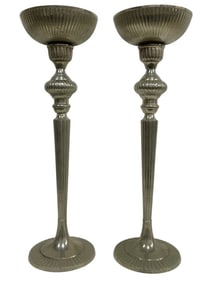 PAIR OF TALL METAL PEDESTAL CANDLE HOLDERS 22"