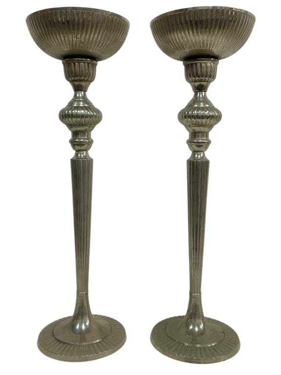PAIR OF TALL METAL PEDESTAL CANDLE HOLDERS 22": PAIR OF TALL METAL PEDESTAL CANDLE HOLDERS 22" -Very good pre owned condition -Approx 22"h x 6"w -This striking pair of tall metal pedestal candle holders features an elegant fluted design throughout,