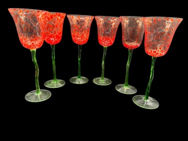 SET OF SIX HAND-BLOWN ART GLASS STEMMED GOBLETS