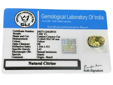 NATURAL CITRINE – 5.40 CT CUSHION CONCAVE CUT