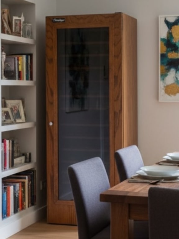 LARGE VINOTHEQUE WINE COOLER FRIDGE 69": VINOTHEQUE WINE COOLER FRIDGE – 69" X 26.5" X 27" APPROX -Vinotheque premium wine storage cooler featuring a wood-framed glass door, designed to maintain ideal temperature and humidity for proper wi