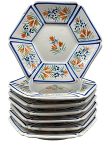 7  H. QUIMPER FRENCH FAIENCE OCTAGONAL SAUCERS