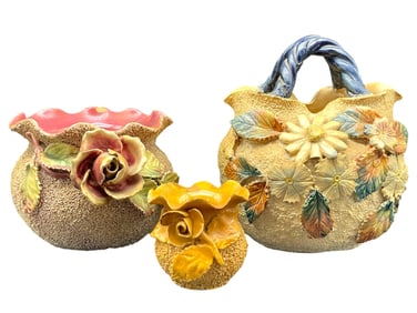 SET OF 3 SAND GLAZED MAJOLICA VASES 5"