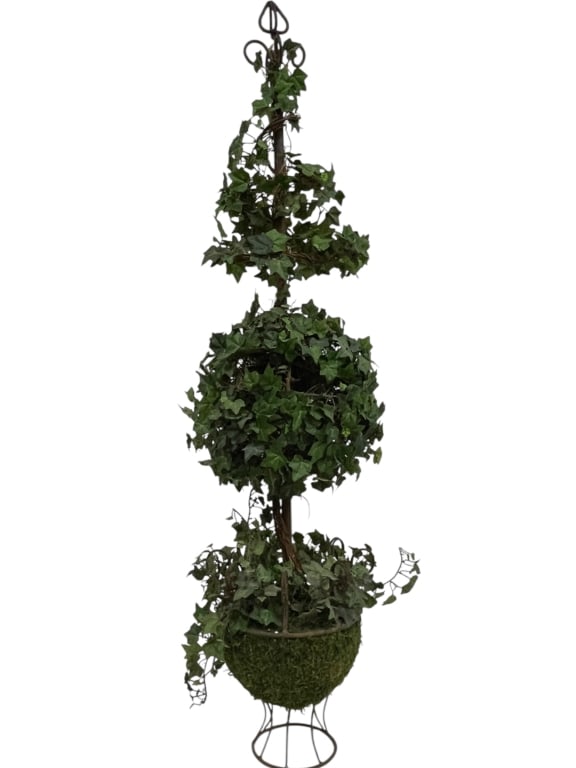 63" ARTIFICIAL IVY TOPIARY IN METAL STAND: 63" ARTIFICIAL IVY TOPIARY IN METAL STAND -This tall and elegant artificial ivy topiary stands approximately 63" high with an 11" diameter, featuring lush, lifelike ivy shaped into a tiered spiral for
