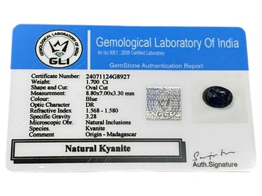 NATURAL BLUE KYANITE OVAL CUT 1.70 CT W GLI CERT