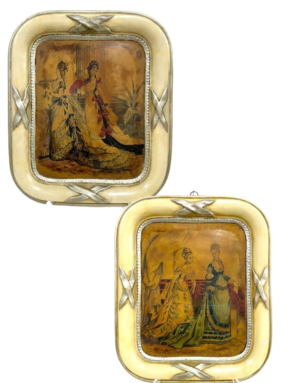 ANTIQUE VICTORIAN FASHION PLASTER ENGRAVINGS 15": PAIR OF 19TH-CENTURY VICTORIAN FASHION ENGRAVINGS IN ORIGINAL PLASTER FRAMES -This elegant pair of antique Victorian fashion engravings features finely detailed scenes of ladies in lavish period gowns