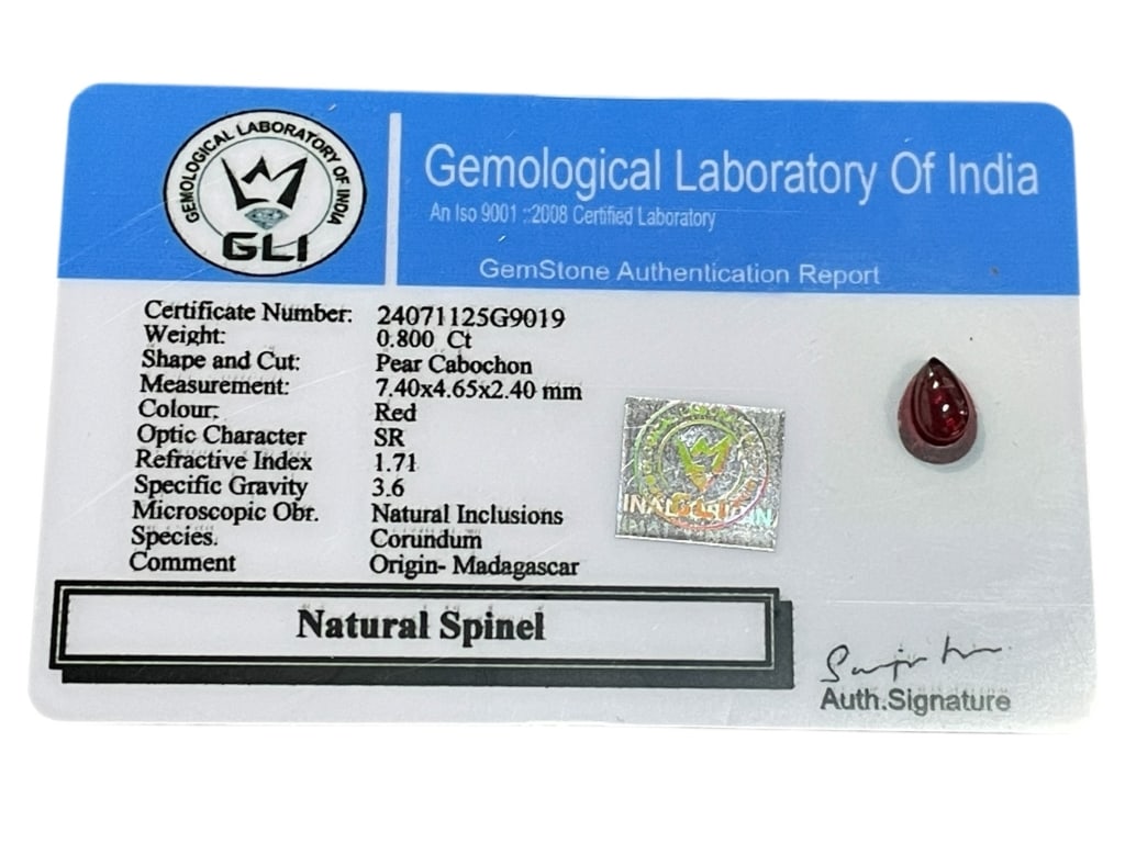 NATURAL RED SPINEL PEAR CABOCHON, GLI CERTIFIED: NATURAL RED SPINEL PEAR CABOCHON, GLI CERTIFIED -A fine natural red spinel presented in a pear-shaped cabochon cut, weighing approximately 0.800 carats and measuring 7.40 x 4.65 x 2.40 mm. This gemsto