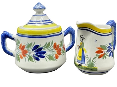 HENRIOT QUIMPER FRENCH FAIENCE SUGAR BOWL & CREAM