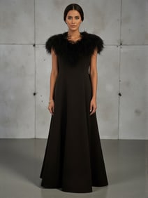 VICTOR COSTA DARK BROWN GOWN W FEATHER TRIM SZ10