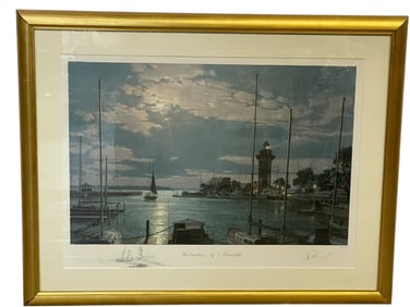 HARBORTOWN BY MOONLIGHT FRAMED PRINT 37"