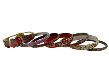 7 VINTAGE CLOISONNE STYLE & ENAMELED BANGLES