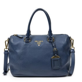 PRADA BOSTON BAG NAVY VITELLO DAINO LEATHER GOLD