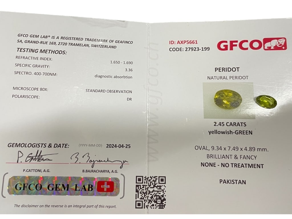 NATURAL PERIDOT GFCO GEM LAB CERTIFIED 2.45 CARATS: NATURAL PERIDOT – GFCO GEM LAB CERTIFIED 2.45 CARATS -A bright and lively natural peridot accompanied by a GFCO Gem Lab (Switzerland) report, weighing 2.45 carats and displaying an attractive yellow